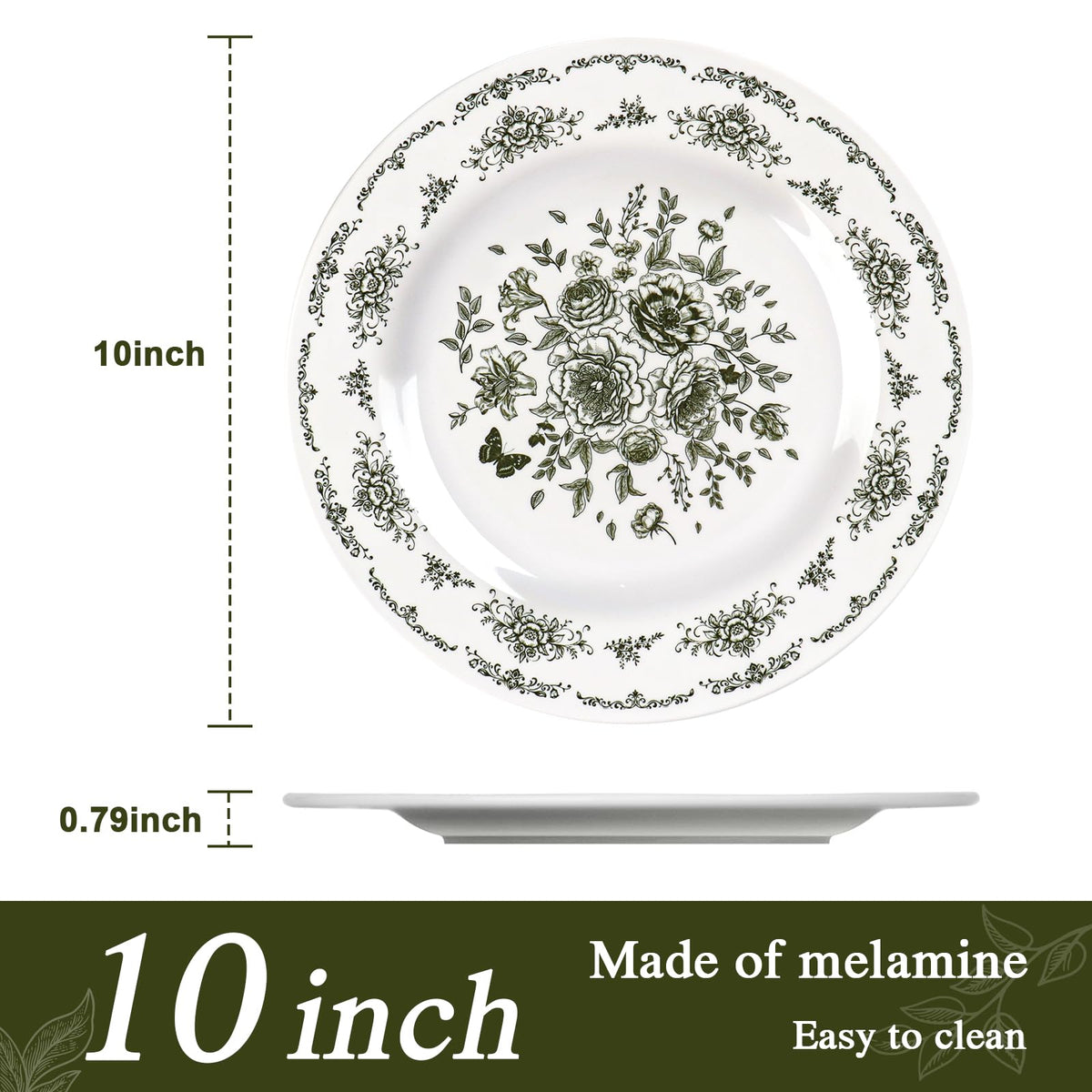 12 Piece 10 inch Green and White Floral Melamine Dinner Plates I390418