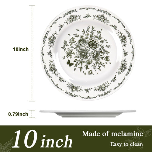 12 Piece 10 inch Green and White Floral Melamine Dinner Plates I390418