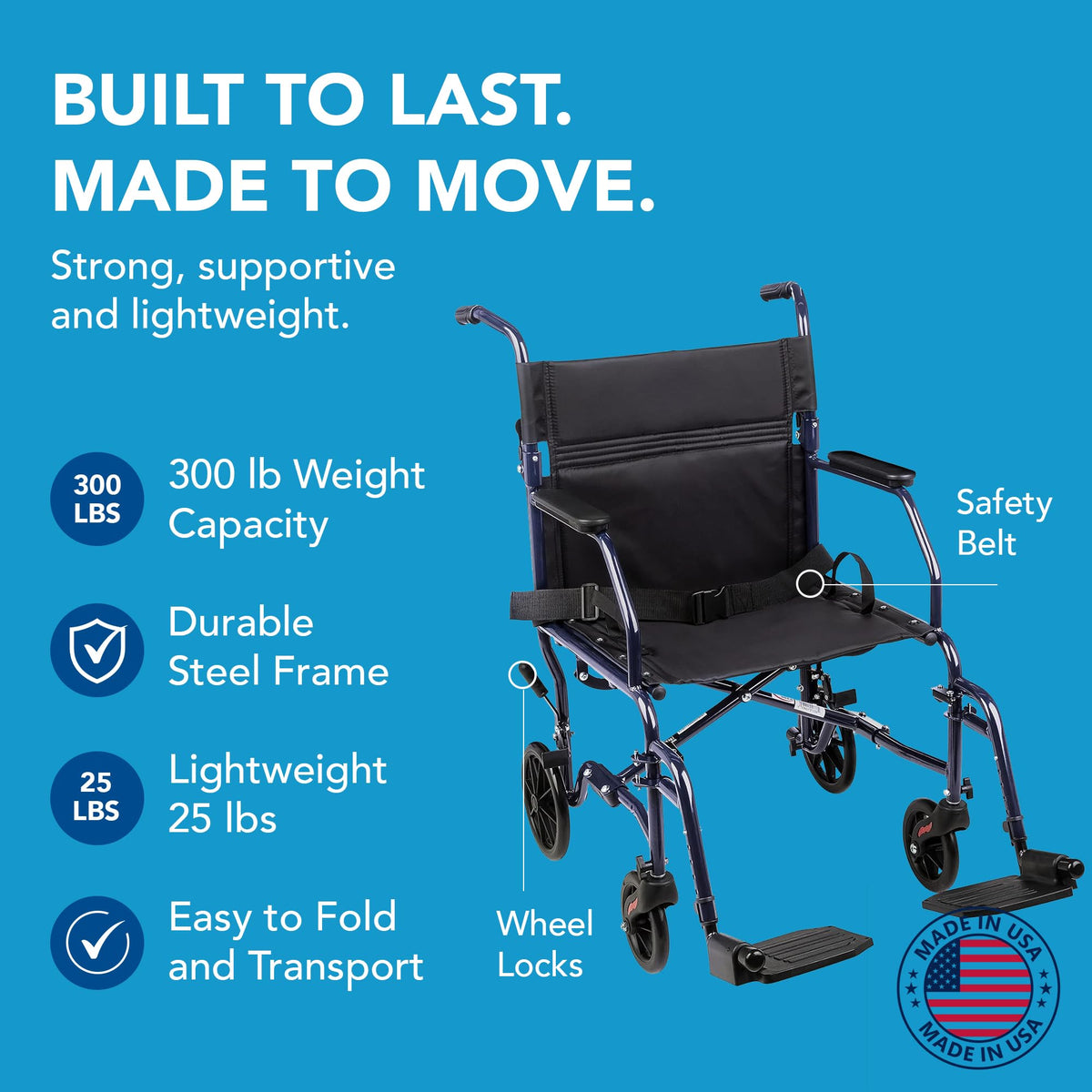 Folding Transport Wheelchair with 19 inch Seat L1694