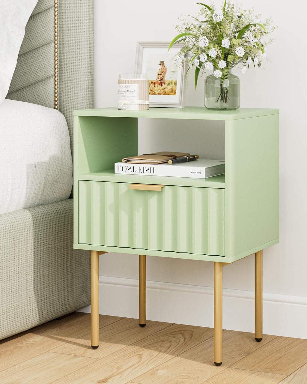 Green Night Stand with Drawer and Shelf C8807