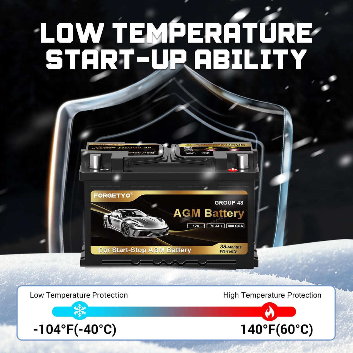 Group Size 48 AGM Car Battery, 12V 70 AH, 800 CCA H7856
