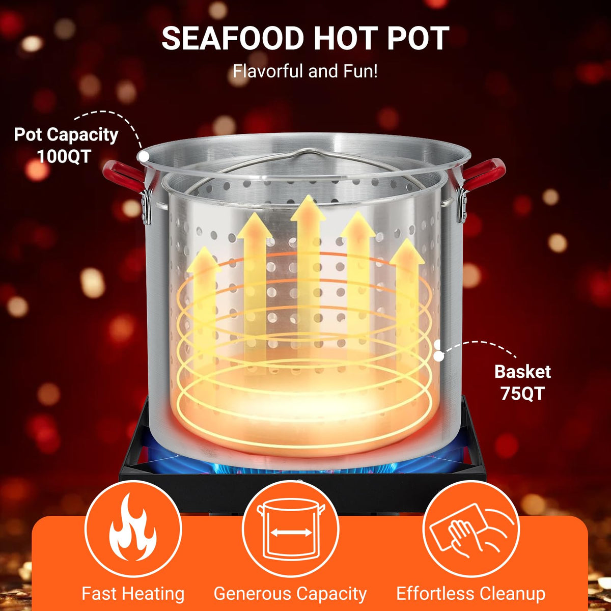 100Qt Aluminum Seafood Boil Pot with Strainer Basket and Propane Stove Burner U4925
