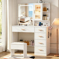 White Vanity Desk with LED Lights Mirror, 5 Drawers, Charging Station & Cushion Stool Q186578