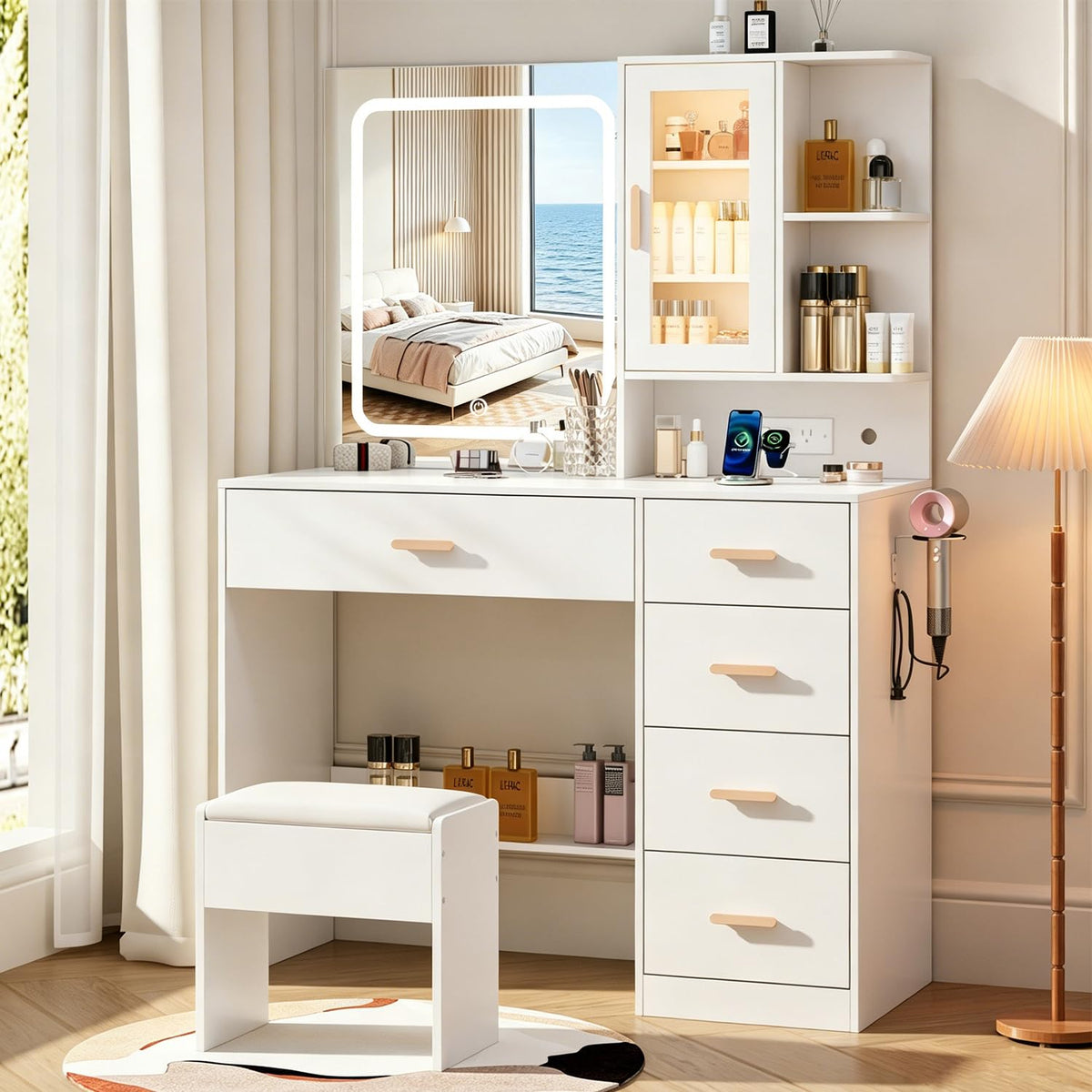 White Vanity Desk with LED Lights Mirror, 5 Drawers, Charging Station & Cushion Stool Q186578