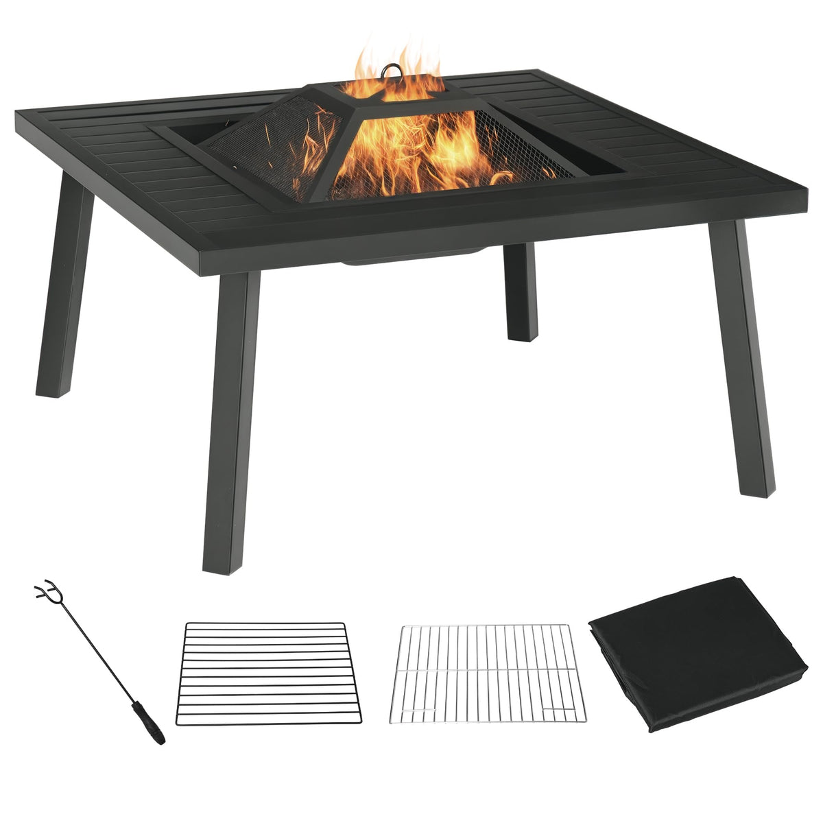 34" Fire Pit with Grill Spark Screen Poker Cover Black D656