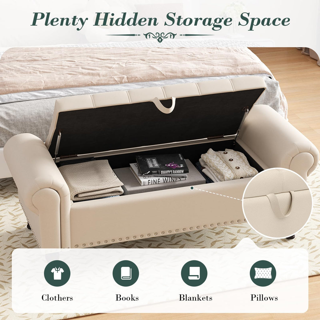 Beige Faux Leather Storage Bench with Rolled Arm H923