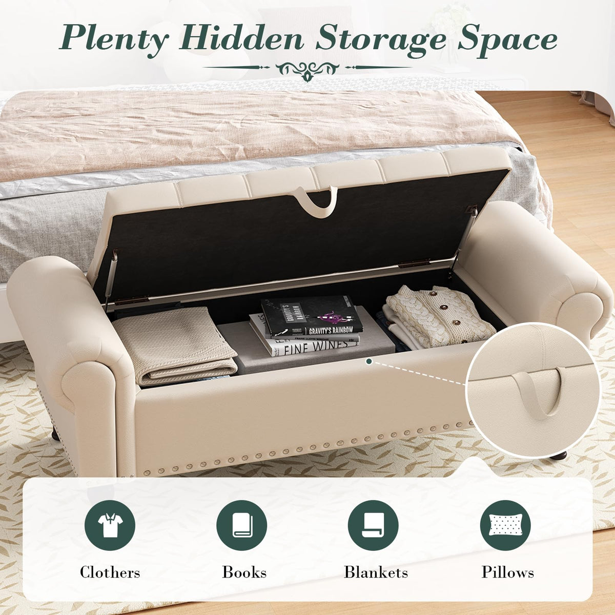Beige Faux Leather Storage Bench with Rolled Arm H923