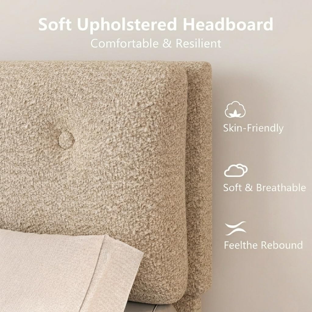 Queen Size Beige Boucle Upholstered Bed Frame with Headboard Q143