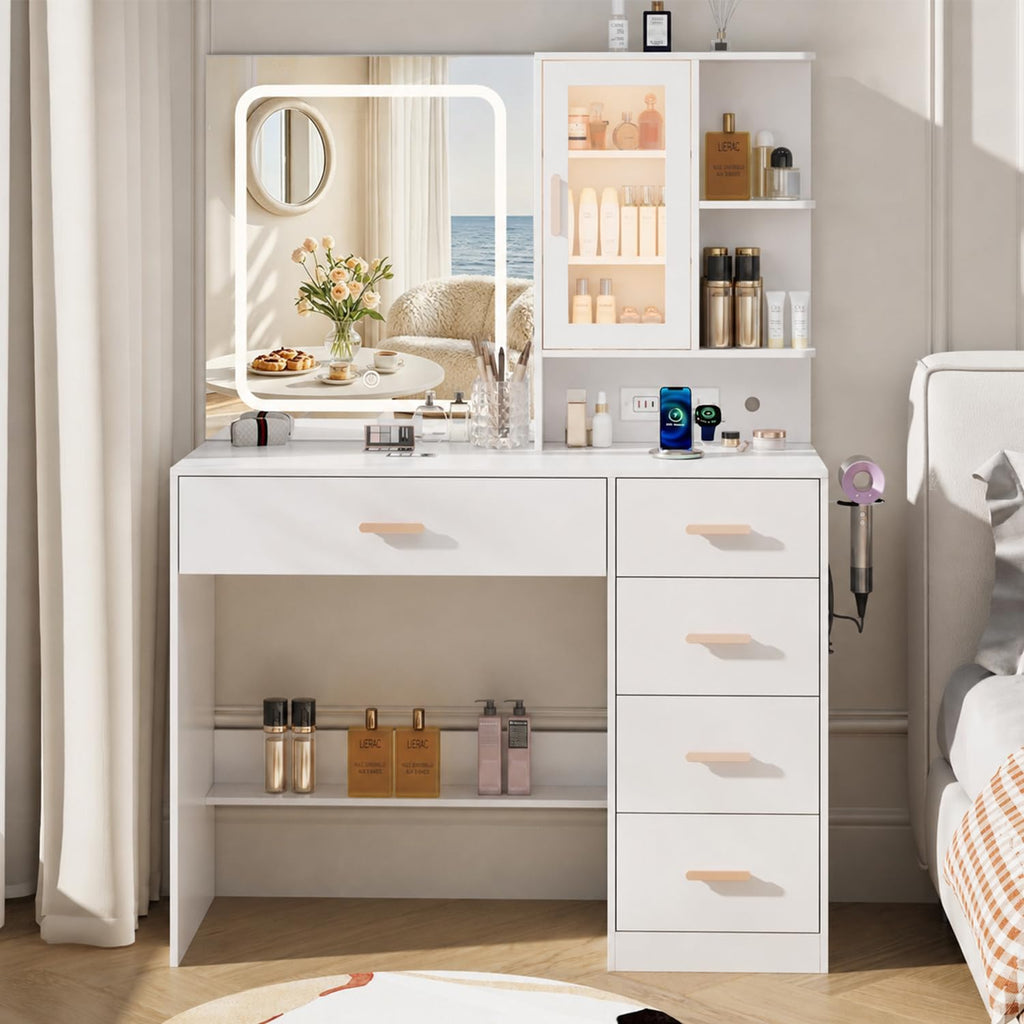 White Vanity Desk with LED Lights Mirror, 5 Drawers, Charging Station & Cushion Stool Q186578