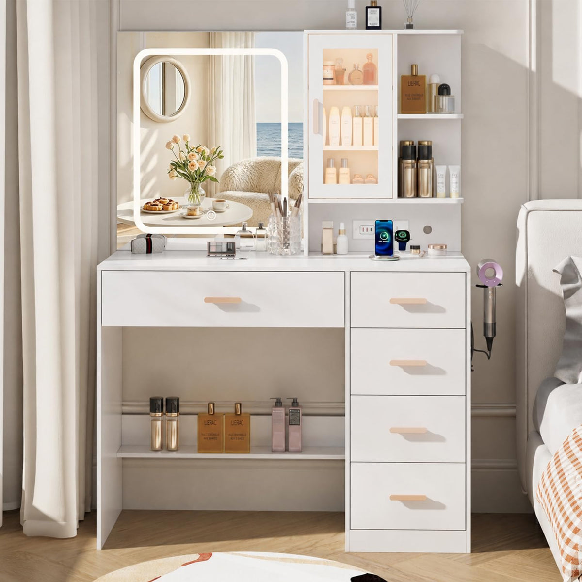 White Vanity Desk with LED Lights Mirror, 5 Drawers, Charging Station & Cushion Stool Q186578