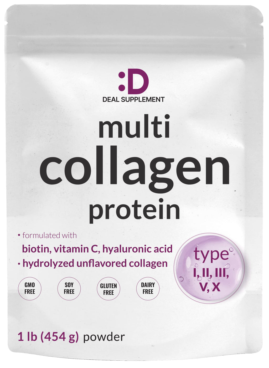 Multi Collagen Protein Powder, 1Lb Type I II III V X Peptides with Biotin Vitamin C & Hyaluronic Acid, Unflavored G8064