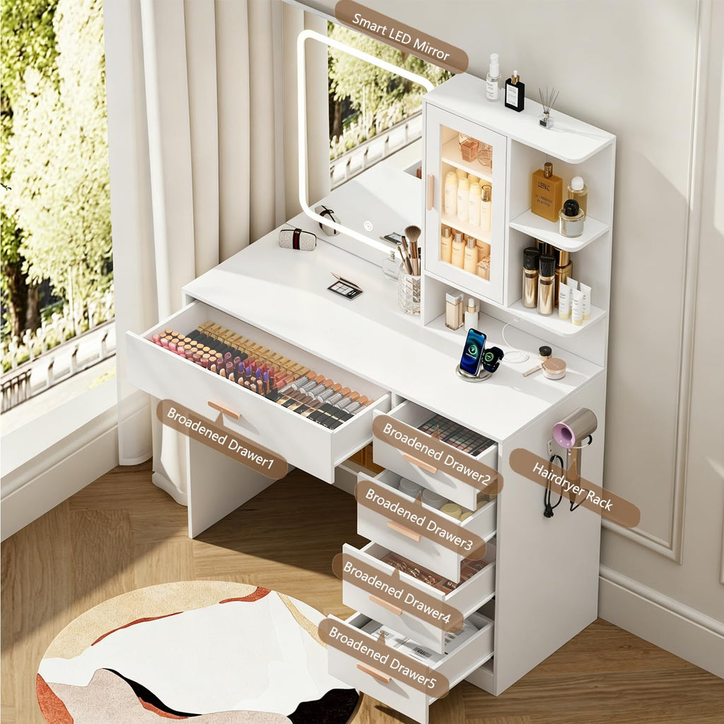White Vanity Desk with LED Lights Mirror, 5 Drawers, Charging Station & Cushion Stool Q186578
