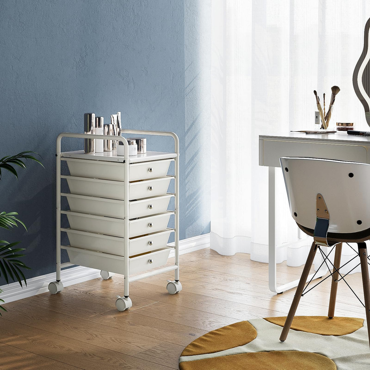 White 6-Tier Rolling Storage Cart with Drawers J90579