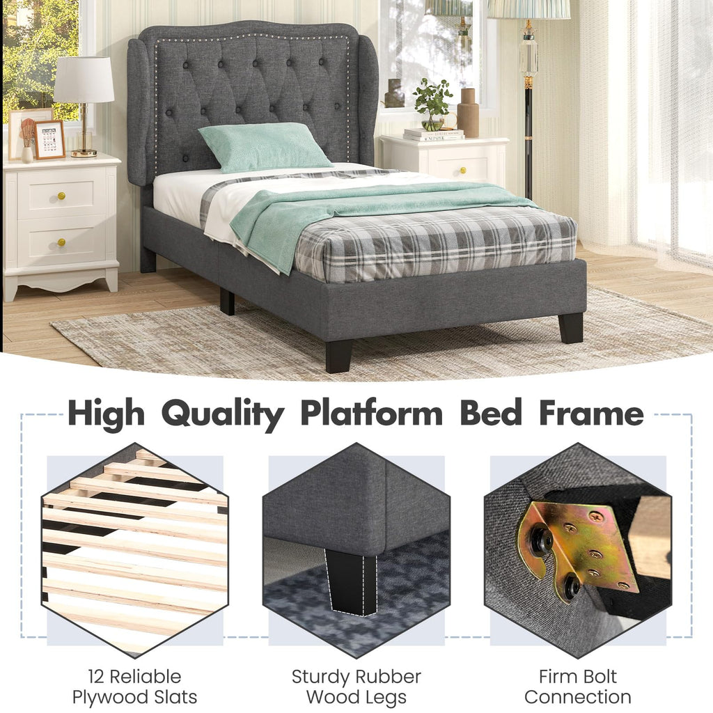 Grey Linen Upholstered Twin Bed Frame with Headboard Z76967