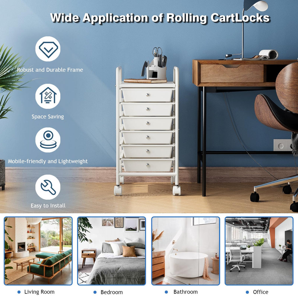 White 6-Tier Rolling Storage Cart with Drawers J90579
