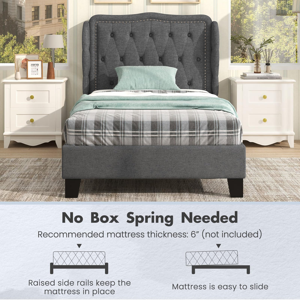 Grey Linen Upholstered Twin Bed Frame with Headboard Z76967