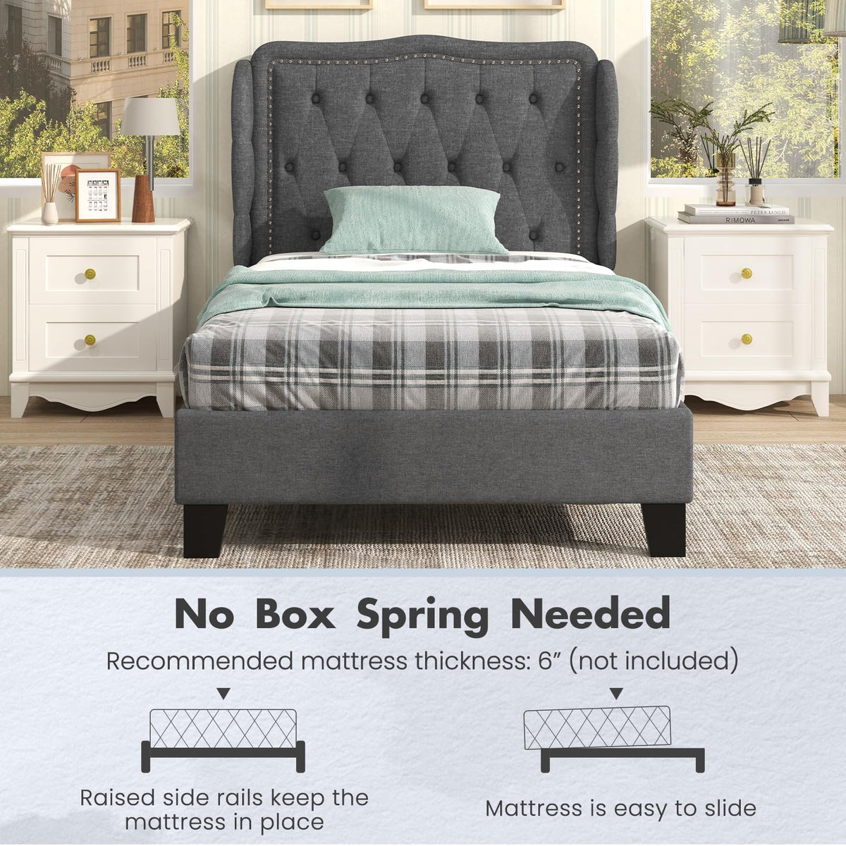Grey Linen Upholstered Twin Bed Frame with Headboard Z76967