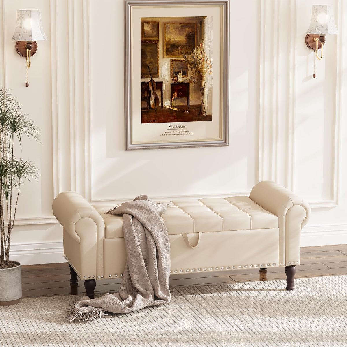Beige Faux Leather Storage Bench with Rolled Arm H923