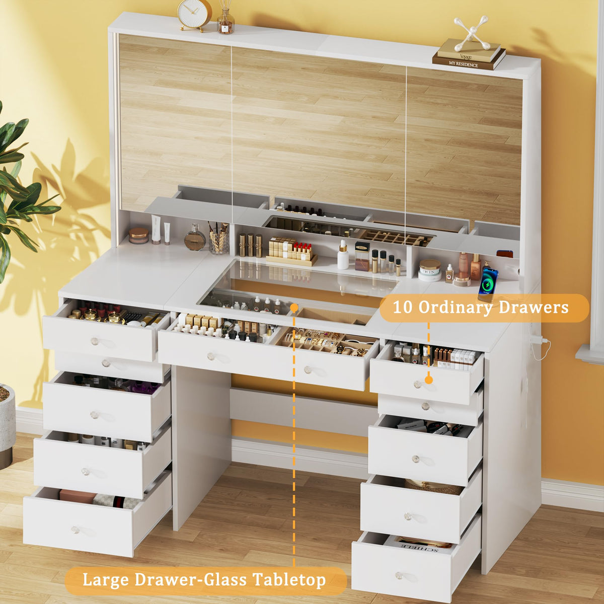 50'' White Glass Top Makeup Vanity with 11 Drawers and LED Mirror D7686