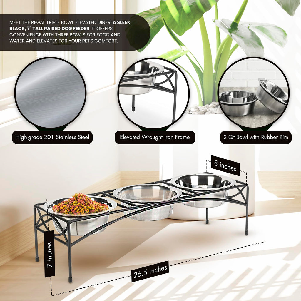 Black Triple Bowl Dog and Cat Feeder Stand with 3-2 Qt Stainless Bowls M947796