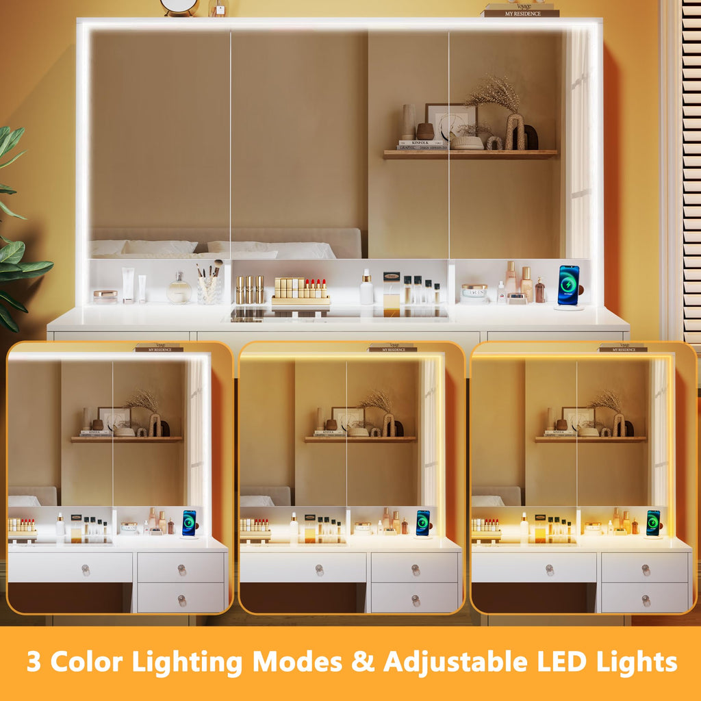 50'' White Glass Top Makeup Vanity with 11 Drawers and LED Mirror D7686