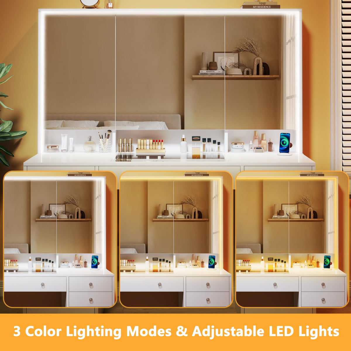 50'' White Glass Top Makeup Vanity with 11 Drawers and LED Mirror D7686