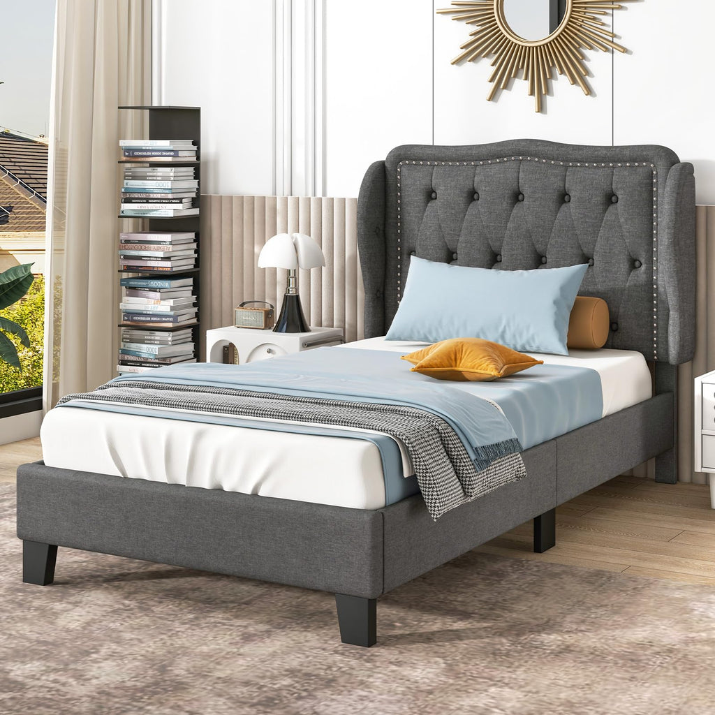 Grey Linen Upholstered Twin Bed Frame with Headboard Z76967