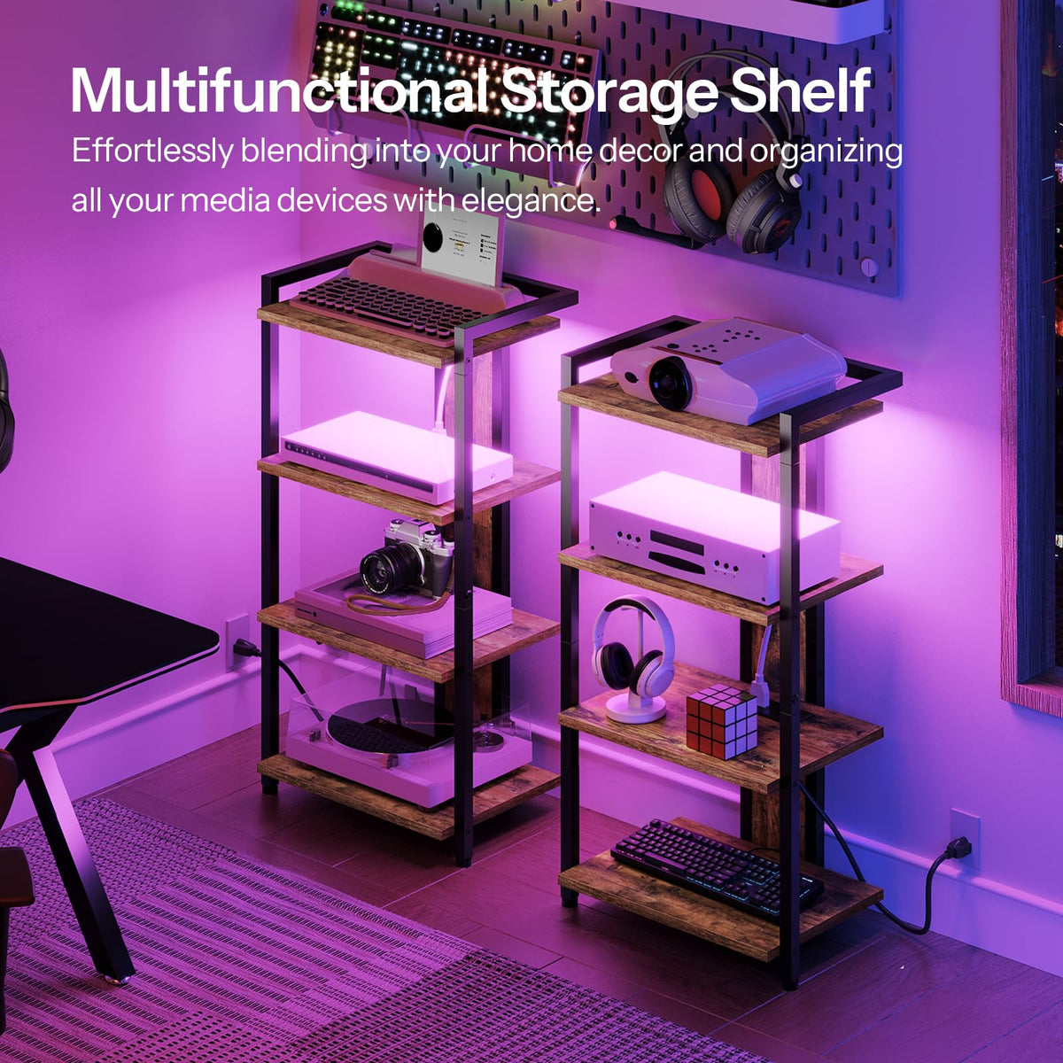4-Tier Media Stand with Charging Station & LED Light B807