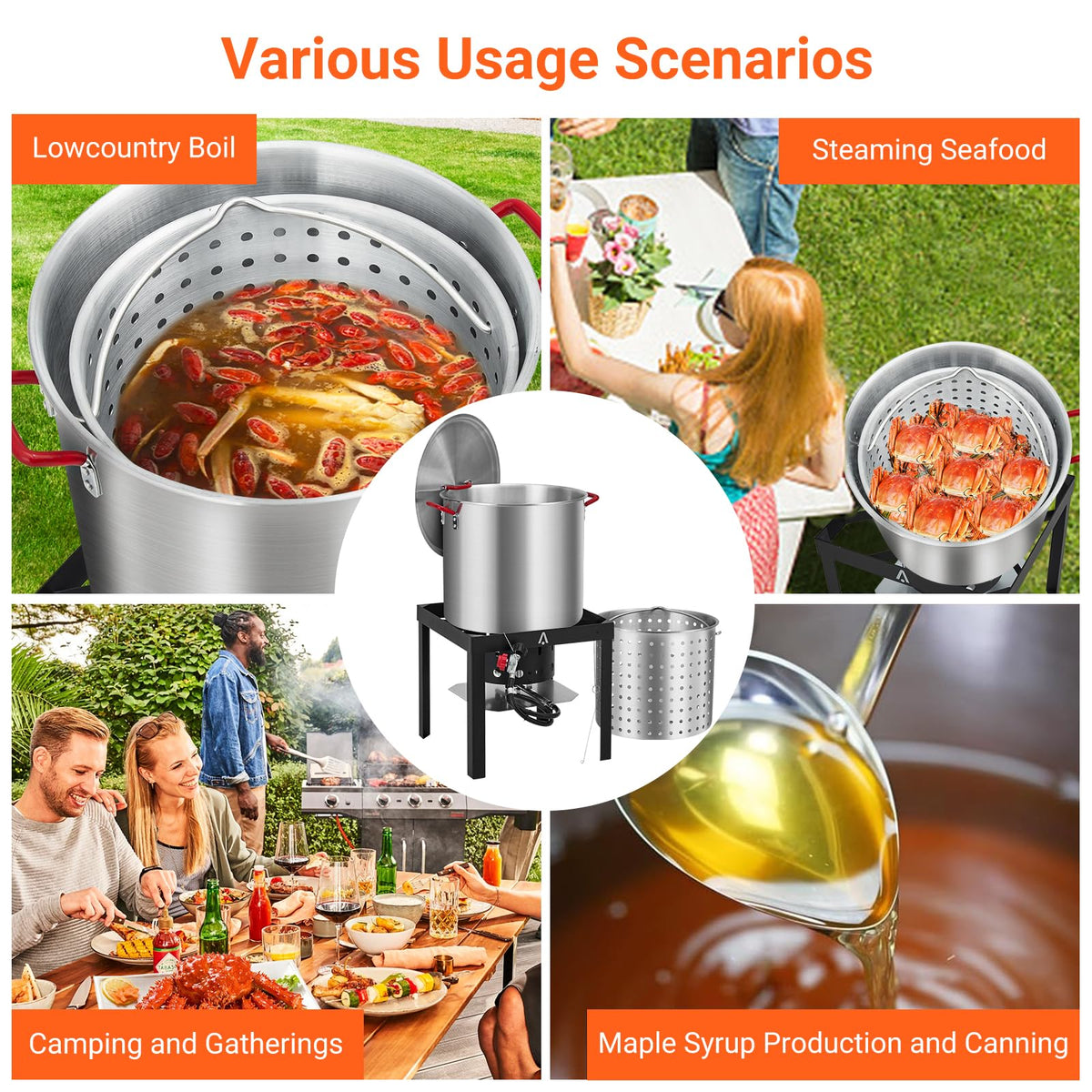 100Qt Aluminum Seafood Boil Pot with Strainer Basket and Propane Stove Burner U4925