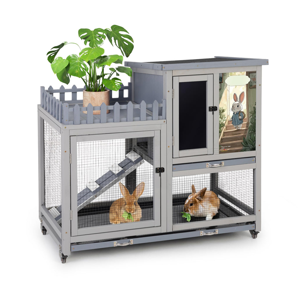 Wood Rabbit Hutch with Balcony on Wheels C334