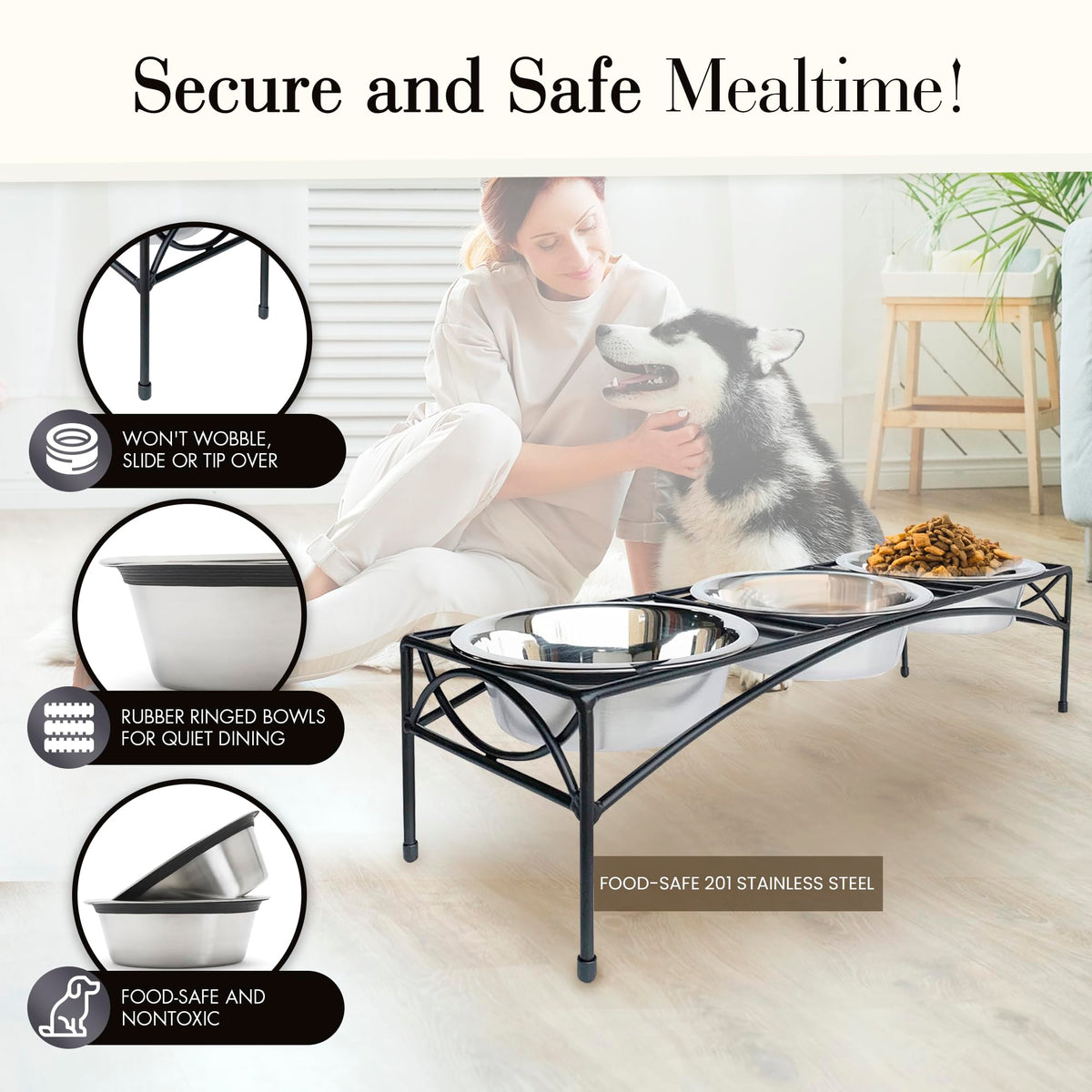 Black Triple Bowl Dog and Cat Feeder Stand with 3-2 Qt Stainless Bowls M947796