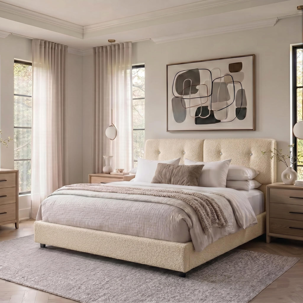 Queen Size Beige Boucle Upholstered Bed Frame with Headboard Q143