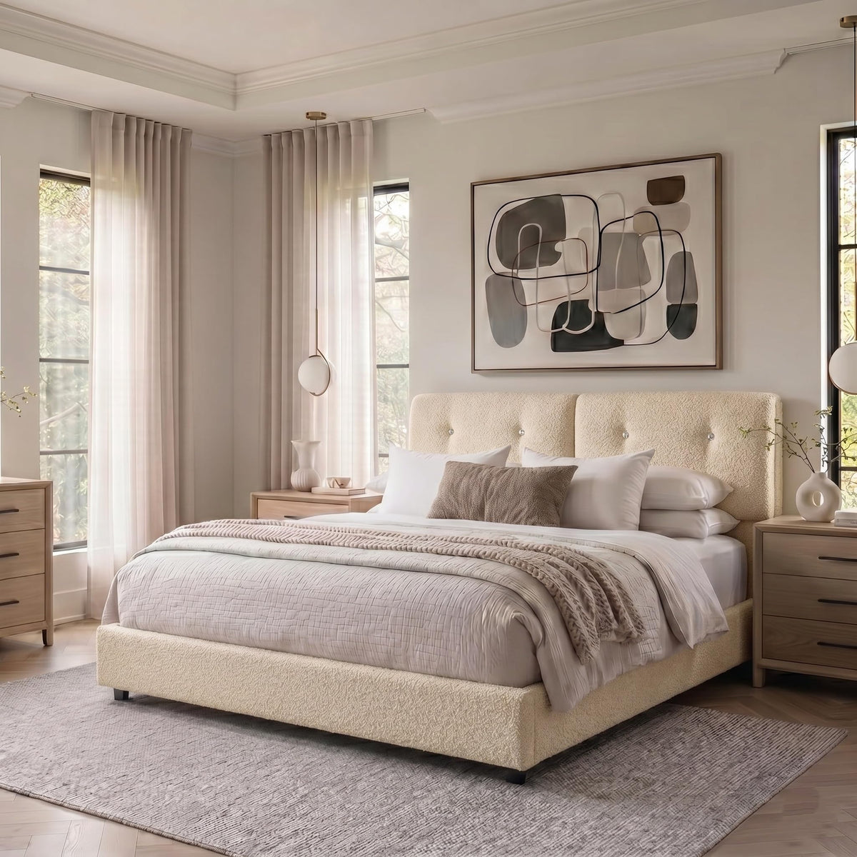 Queen Size Beige Boucle Upholstered Bed Frame with Headboard Q143