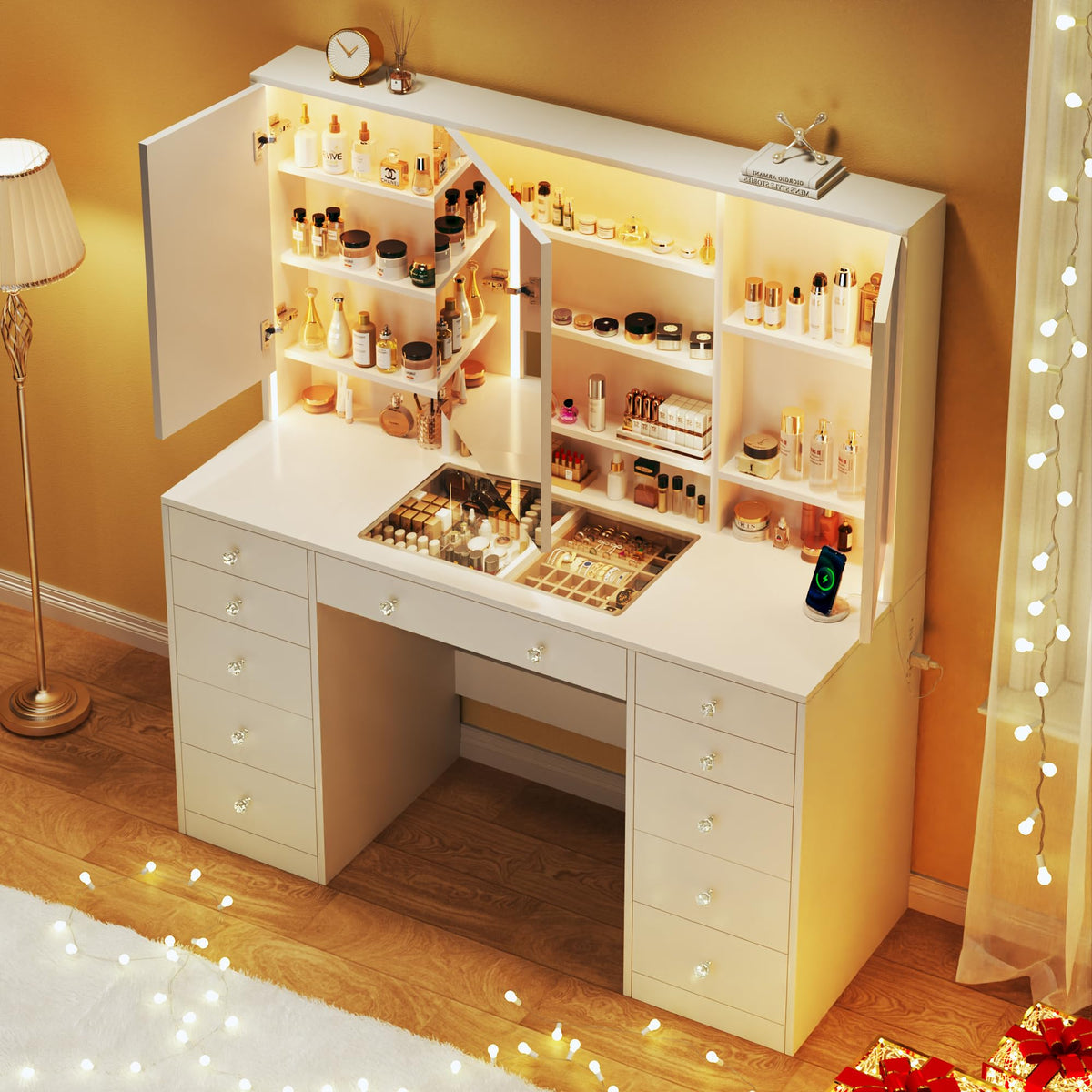 50'' White Glass Top Makeup Vanity with 11 Drawers and LED Mirror D7686