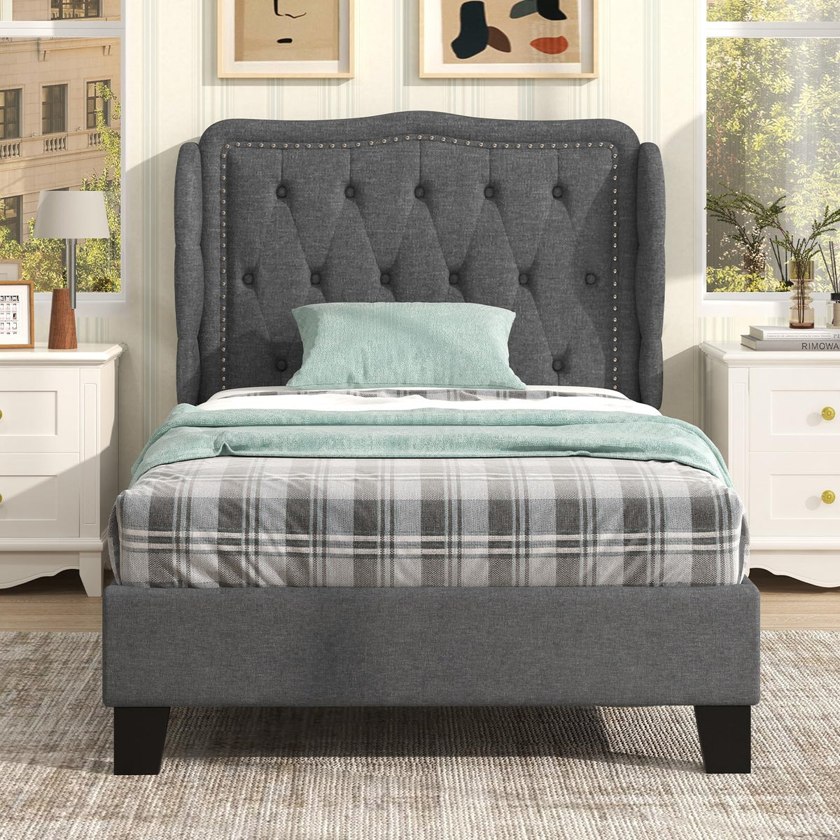 Grey Linen Upholstered Twin Bed Frame with Headboard Z76967