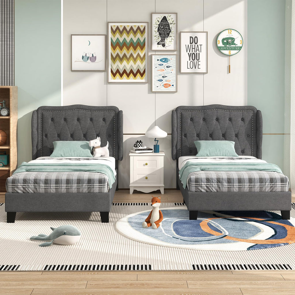 Grey Linen Upholstered Twin Bed Frame with Headboard Z76967