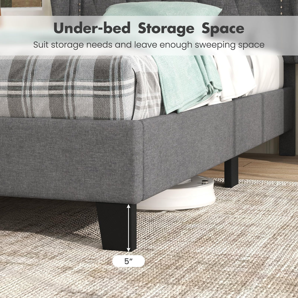 Grey Linen Upholstered Twin Bed Frame with Headboard Z76967
