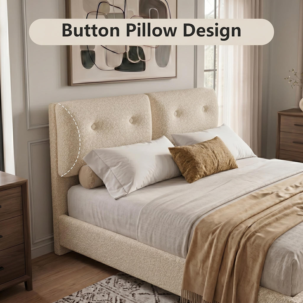 Queen Size Beige Boucle Upholstered Bed Frame with Headboard Q143