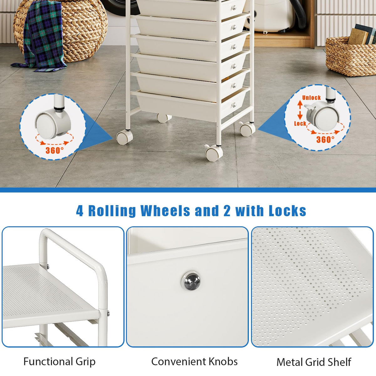 White 6-Tier Rolling Storage Cart with Drawers J90579