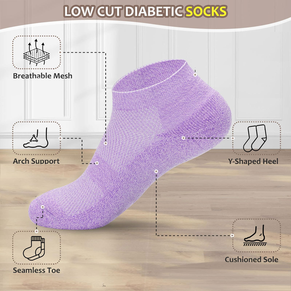 5 Pairs Non-Binding Low Cut Diabetic Socks Size 9-11 Q1498