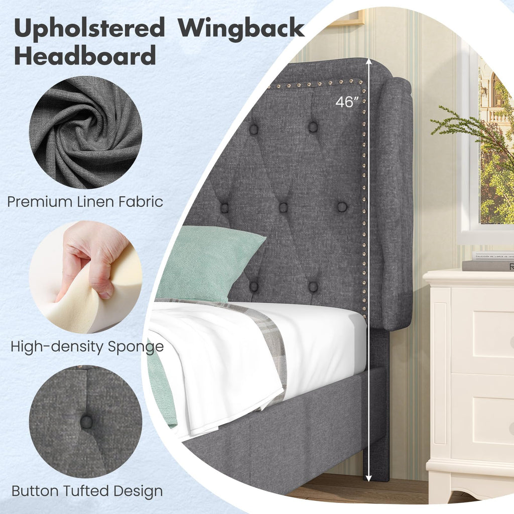 Grey Linen Upholstered Twin Bed Frame with Headboard Z76967