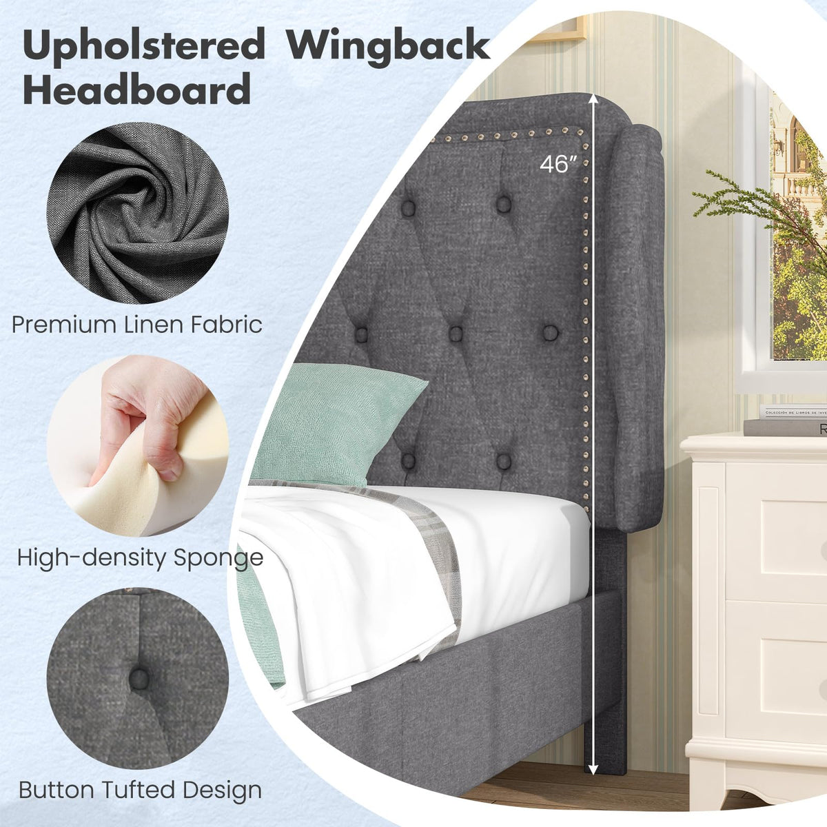 Grey Linen Upholstered Twin Bed Frame with Headboard Z76967