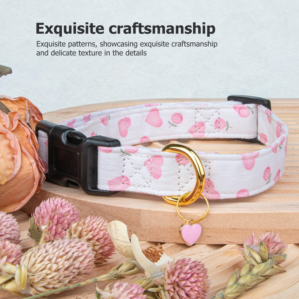 Cotton Dog Collar White and Pink Love Heart with Pendant Z9311