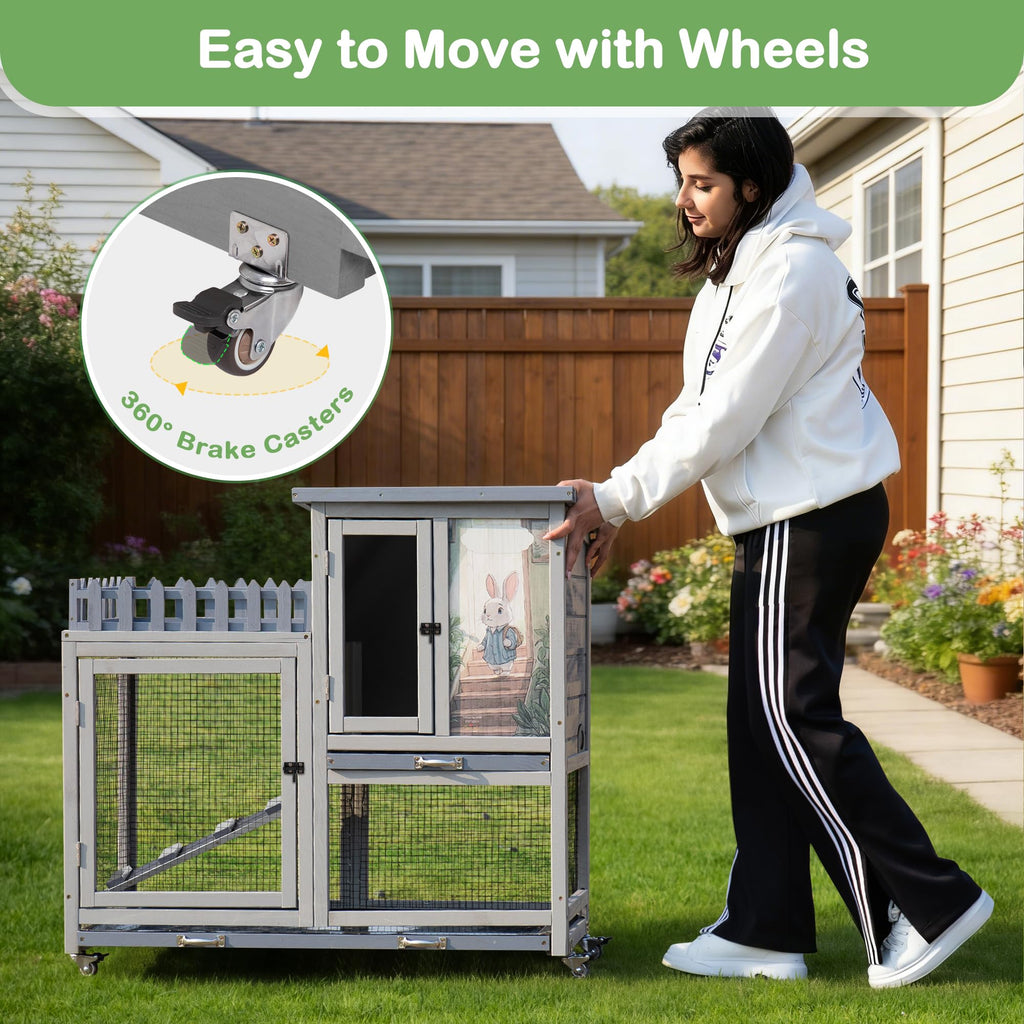 Wood Rabbit Hutch with Balcony on Wheels C334
