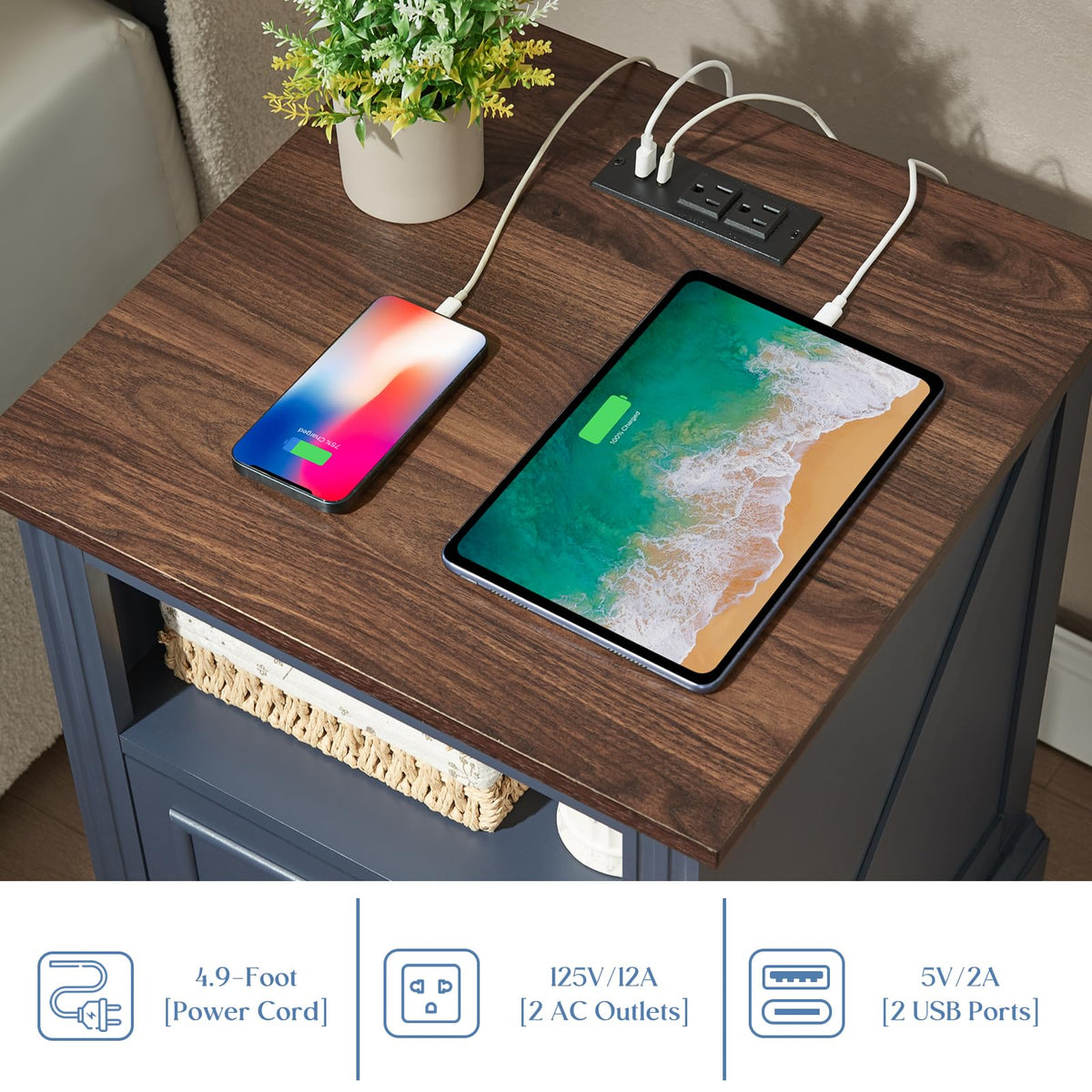 Blue 2 Drawer Nightstand with Charging Station W7567