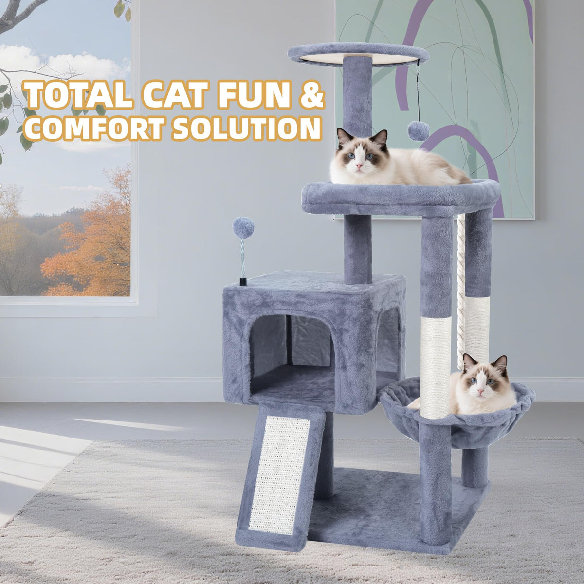 37.5" Cat Tree Tower with Scratching Board Hammock Grey O588
