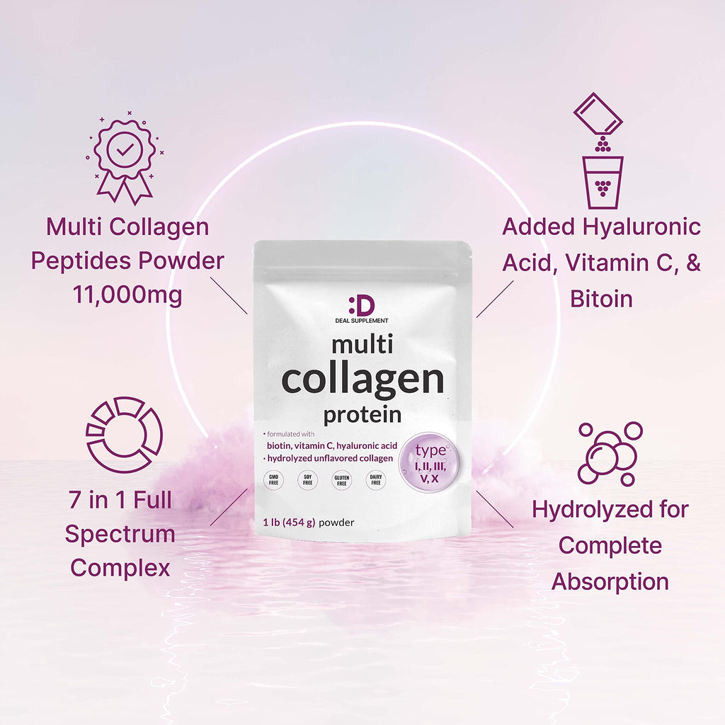 Multi Collagen Protein Powder, 1Lb Type I II III V X Peptides with Biotin Vitamin C & Hyaluronic Acid, Unflavored G8064