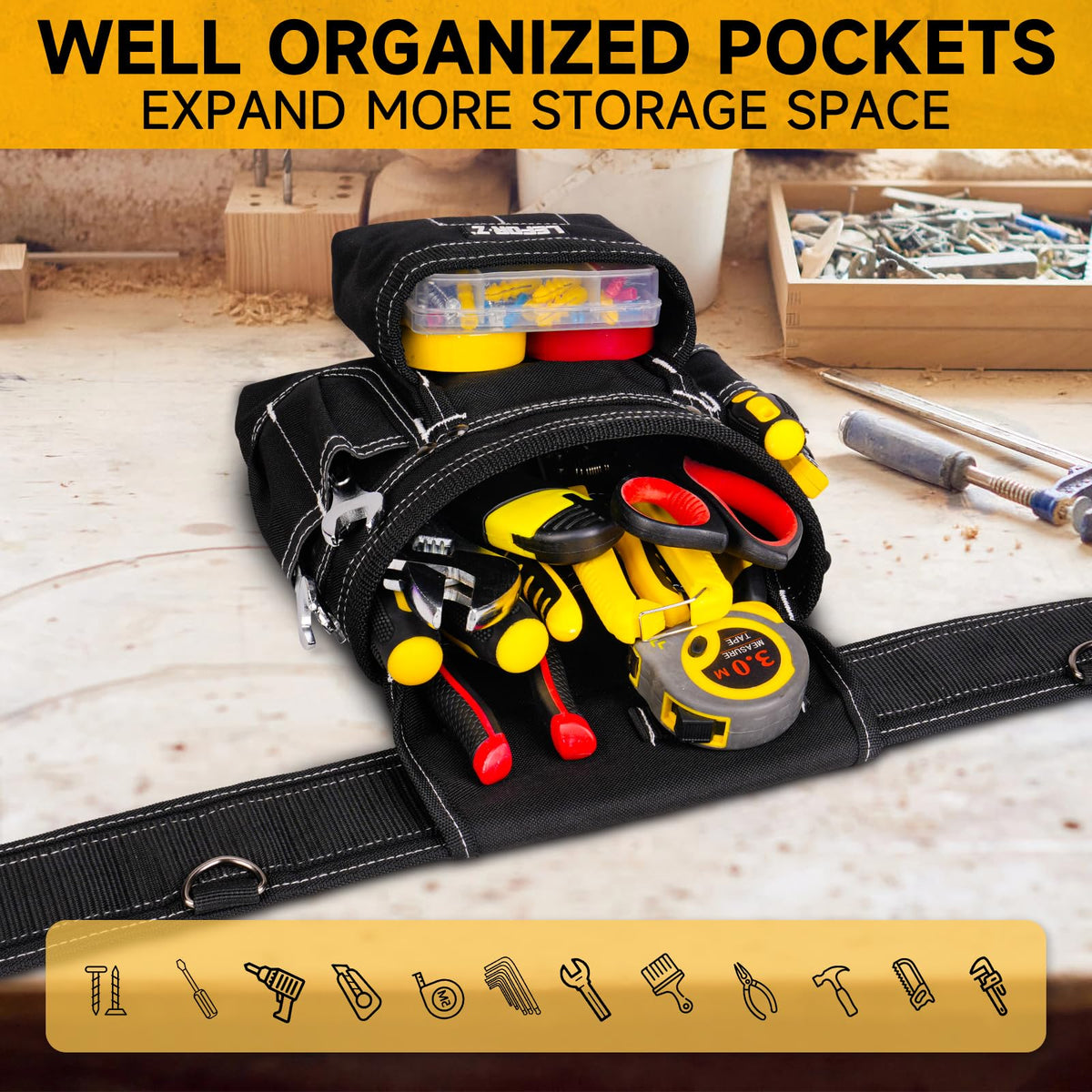 Tool Belt with 4 D-Rings, 27-Pockets D17342