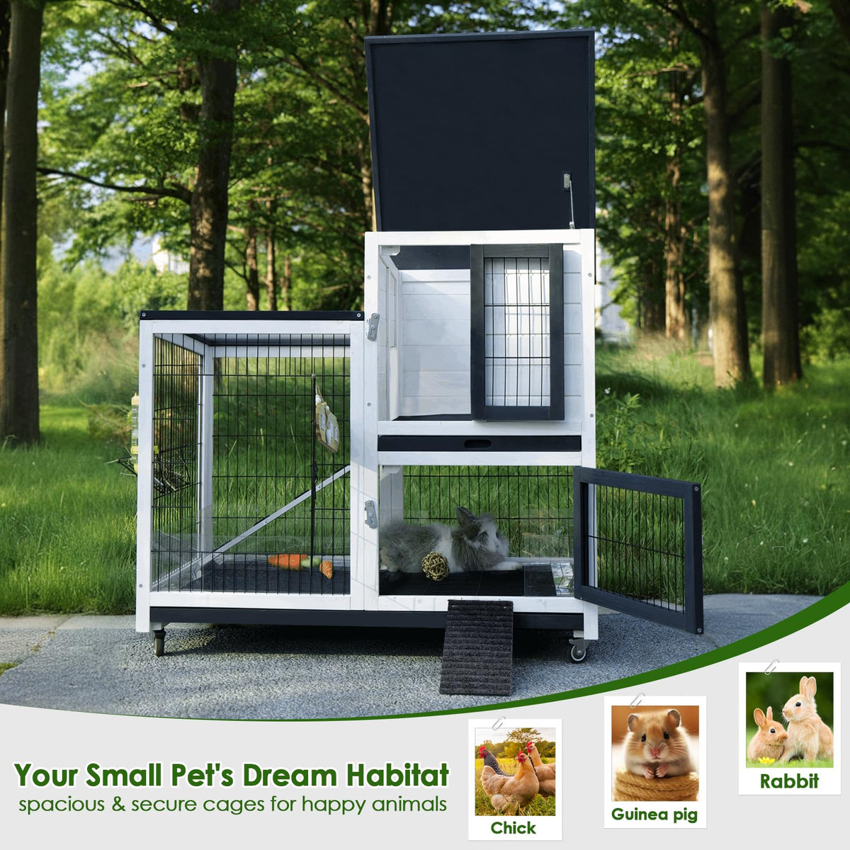 White Indoor Outdoor Rabbit Hutch with Tray H55868