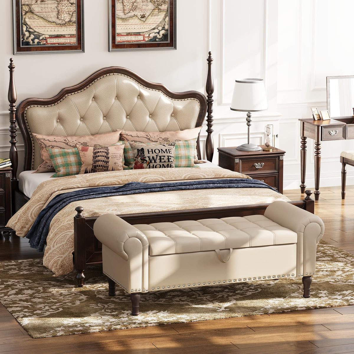 Beige Faux Leather Storage Bench with Rolled Arm H923